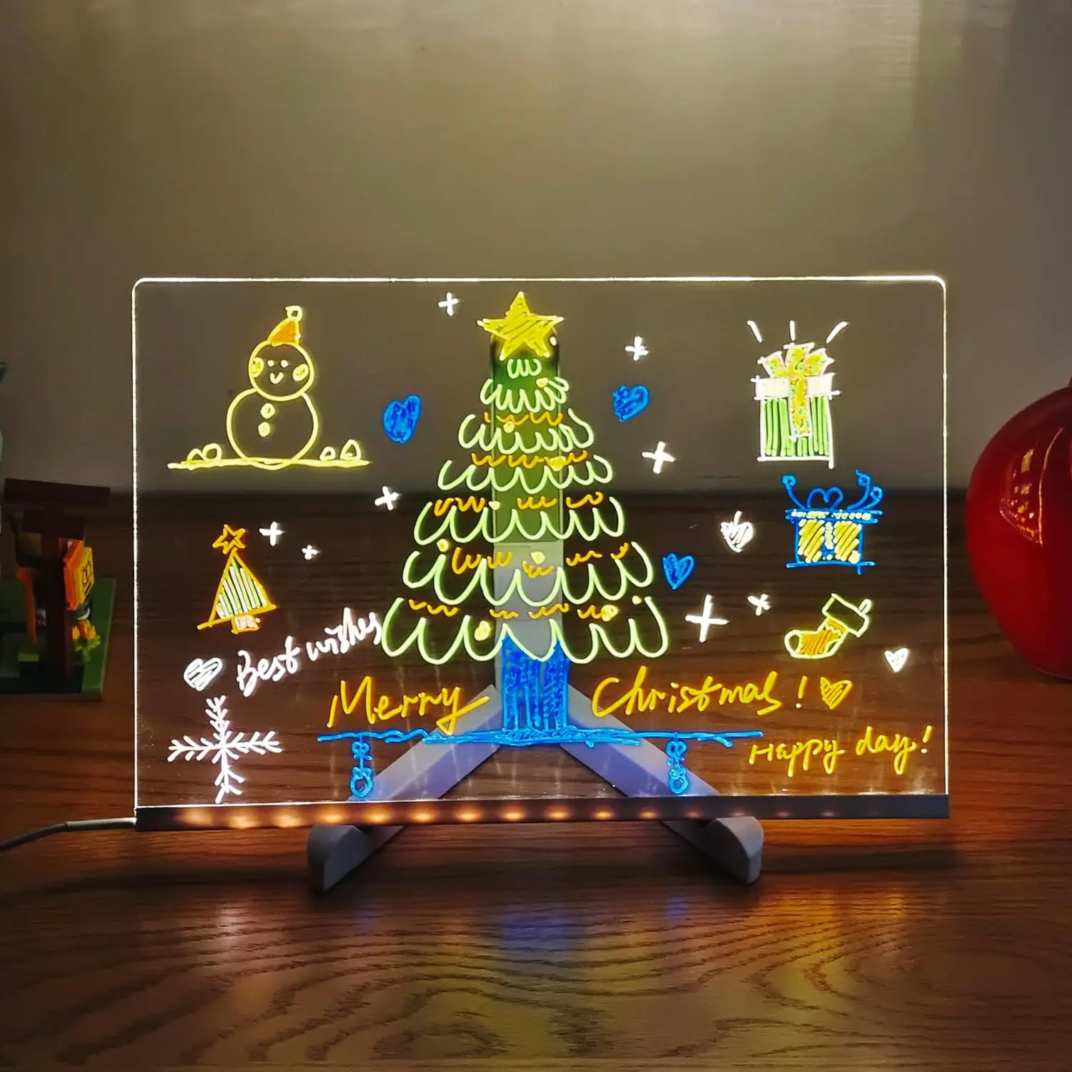 Tablero de mensajes creativo regrabable, tablero de marcadores de mensajes acrílico brillante, tablero de notas LED con colores, dibujo de borrado en seco Acrílico