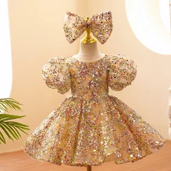 Child Girls Evening Dresses Champagne Gold Luxury 2023 Birthday Party Gown Sequin Pageant Formal Dress Teen Wedding Prom Frock