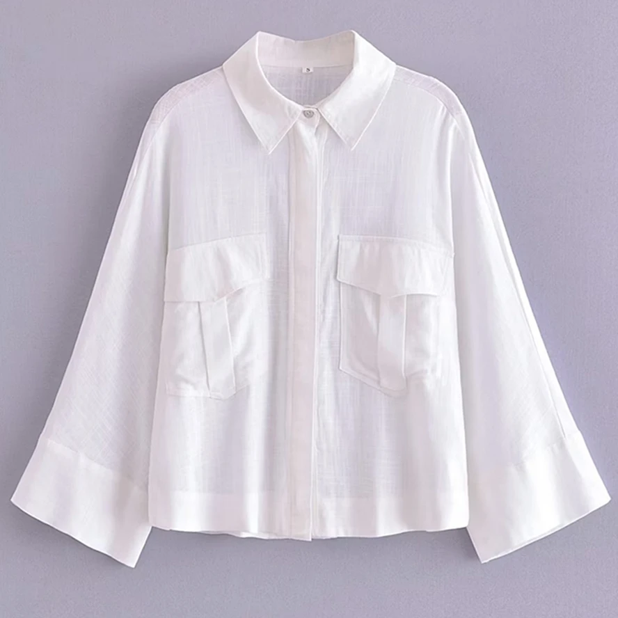 

Withered French Country Style White Pocket Blouse Fashion Elegant Ladies Casual Commuter Shirt Women