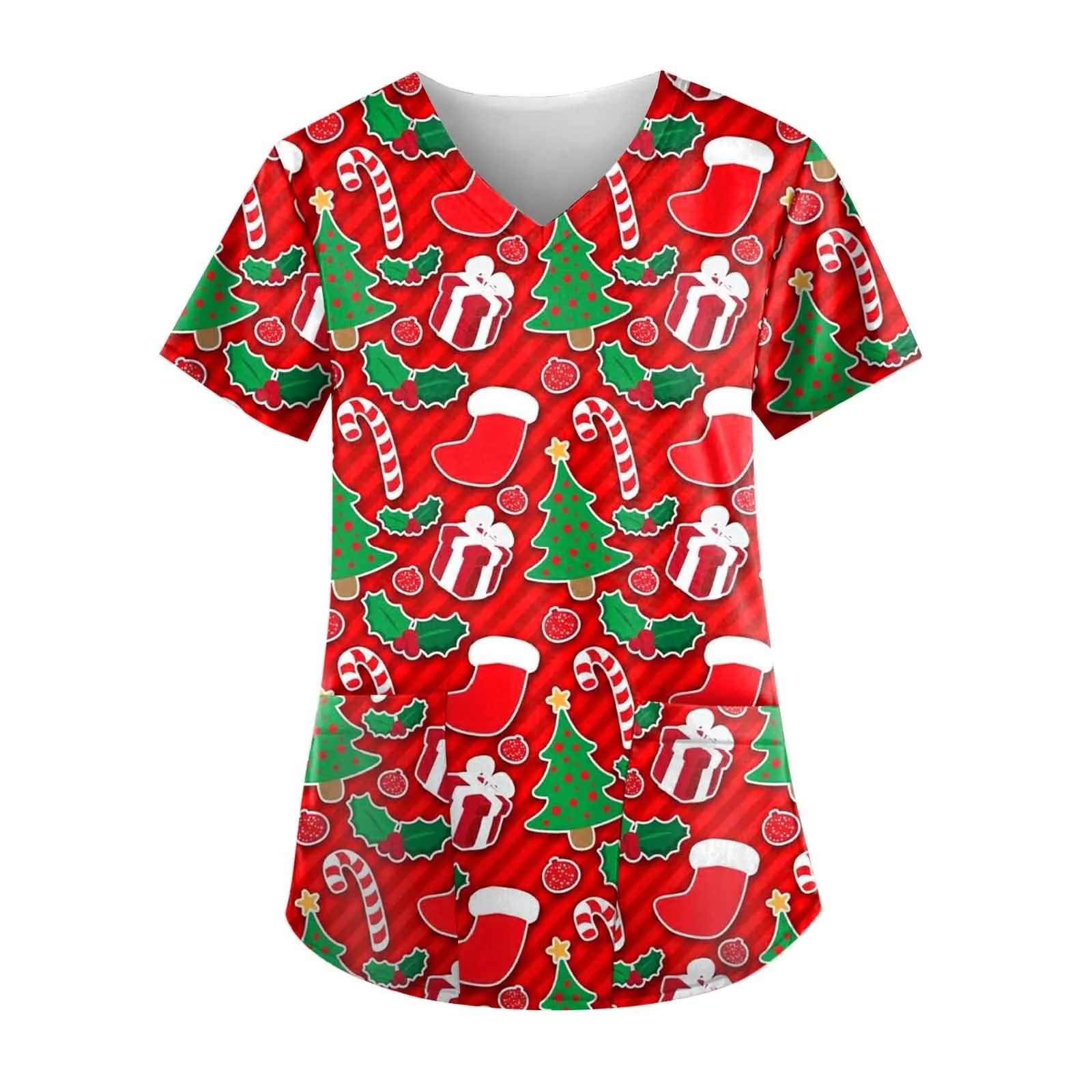 Novo uniforme clínico de natal mulher verão dos desenhos animados impressão 3d microelástico uniformes médicos casual com decote em v uniforme de enfermeira mulher topo