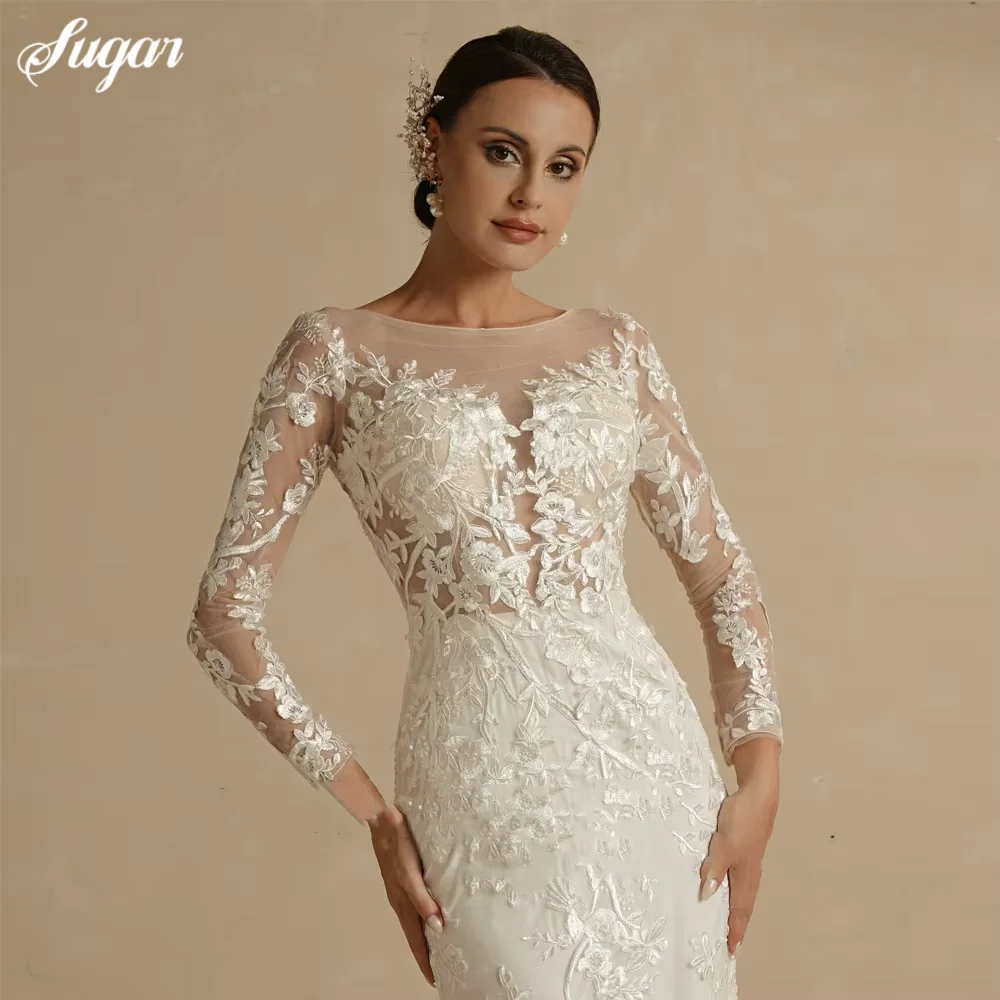 Abiti da sposa da spiaggia con strascico staccabile O-Collo Sirena Abiti da sposa sexy Abiti in pizzo Maniche lunghe Vestido De Novia Personalizzato