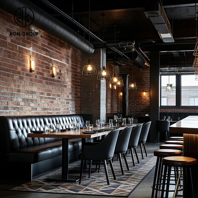 Ron Group Industrial Furniture Set High Back Tufted Black Booth Seating Ergonomic Leather Chair Square Wood Table For Restaurant