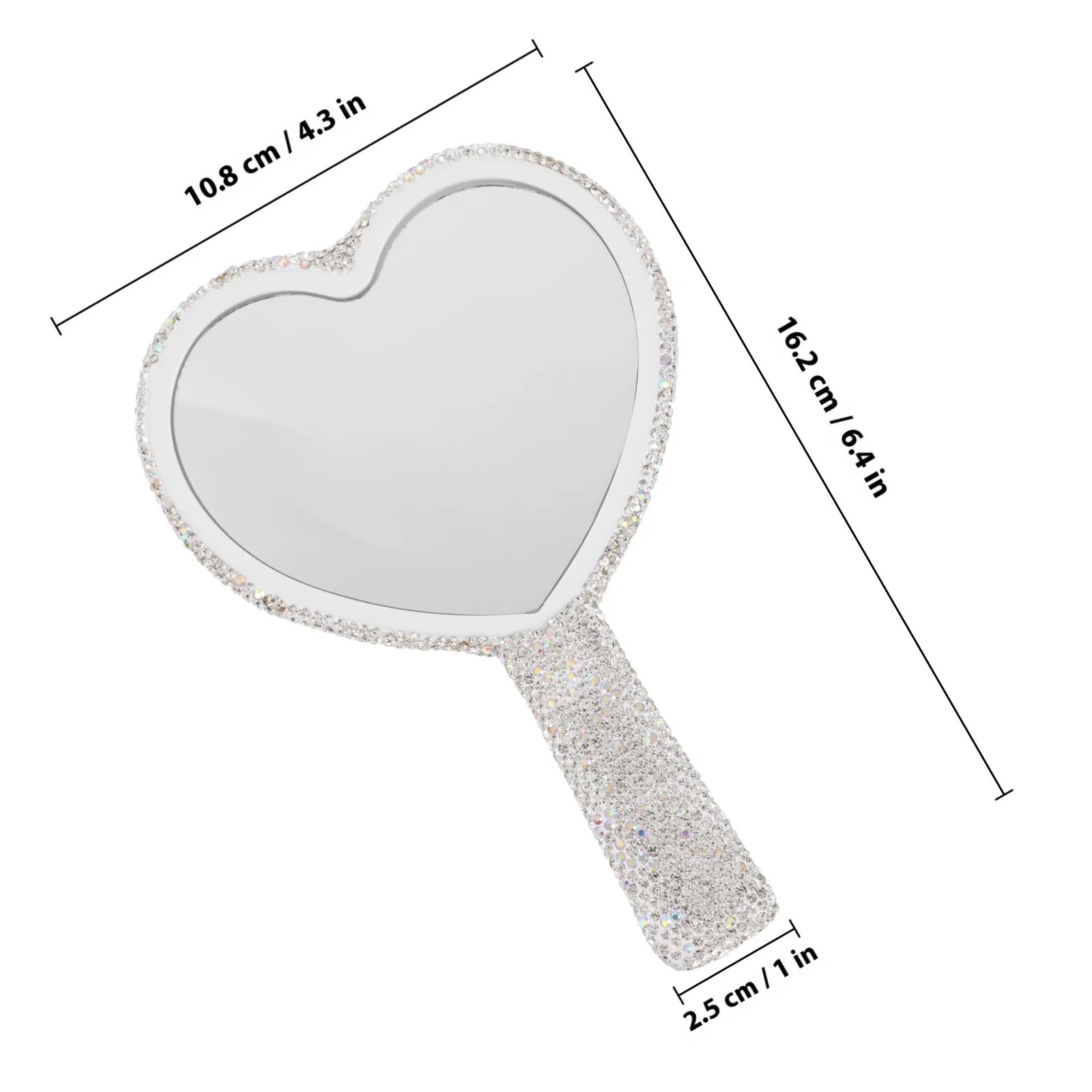 Heart Shape Rhinestone Bling Mirror Single Sided Handheld Portable Travel Makeup Vanity Mirror Handheld Vanity Mirror,