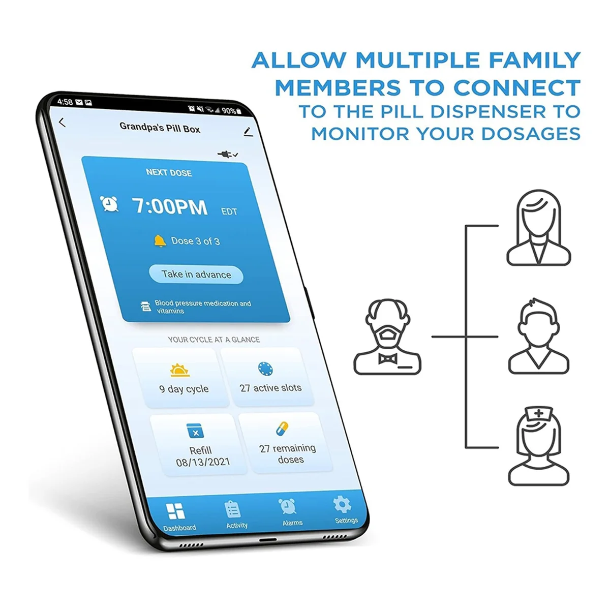 WiFi Automatic Pill Dispenser and Remote Medication Monitoring System, Adjustable Lights for Every 9 Dose, Prescription