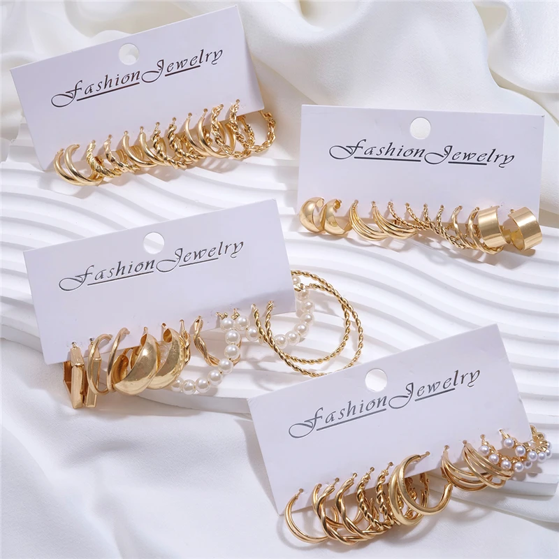 24 Pairs Gold Color Vintage Hoop Earrings Set for Women Girl Imitation Pearl Geometric Metal Twist Earring Fashion Jewelry