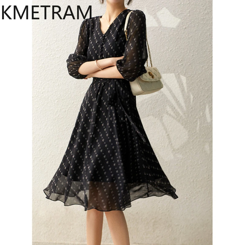 KMETRAM Mulberry Silk Polka Dot Floral Dress for Women 2024 Summer High-end French Style Dresses Mid-length Women's Clothing