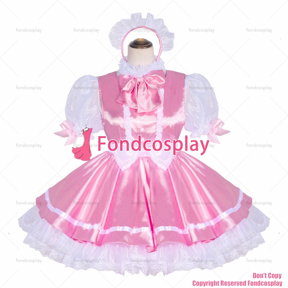 Fondcosplay adulto sexy cross dressing sissy maid corto francese bloccabile rosa raso bianco Organza 2 vestito CD/TV[G4048]