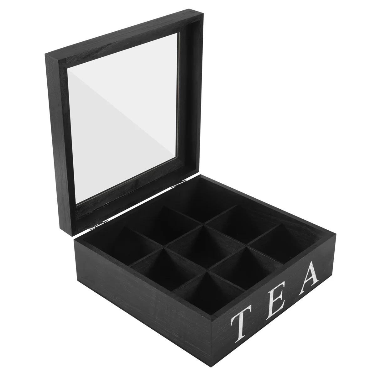 Wooden 9 Grids Tea Box Tea Bags Container Storage Box Square Gift Box Case Transparent Top Lid Jewelry Storage Box-Black