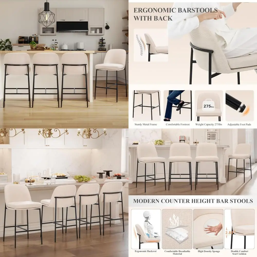 

Набор из 4 тканевых кухонных стульев-табуретов высотой 25 дюймов с поддержкой для спины, обитые барные стулья для барной стойки с металлическими ножками для столовой