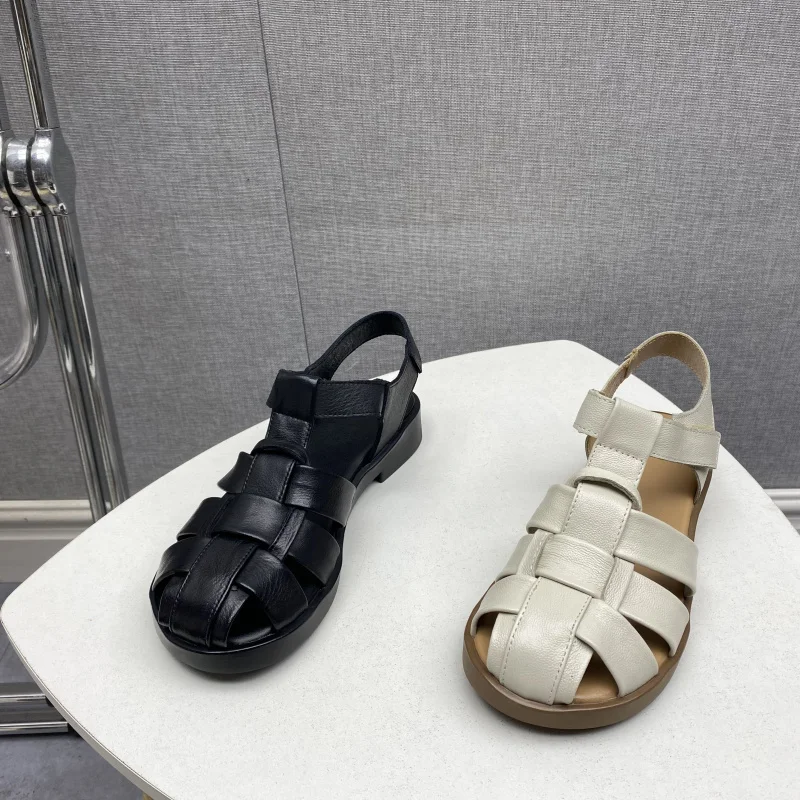 كعب منخفض عادية Roman oes المرأة الصنادل الجلدية شقة بوت رئيس طبقة جلد البقر ماجيك الشريط تو تغطي الصيف وصول جديد #1