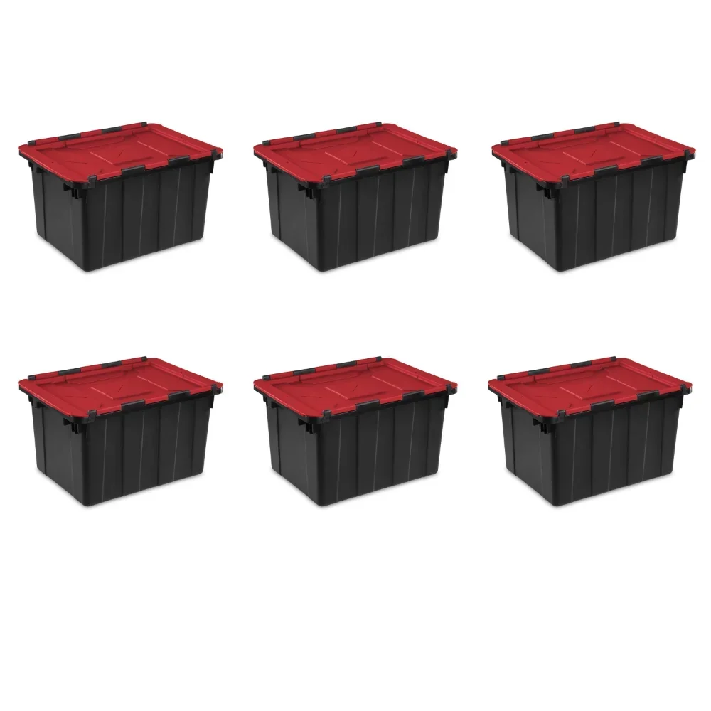 Sterilite 12 Gallon Hinged Lid Industrial Tote Plastic, Black, Set of 6 Organizers 21.75 X 15.38 X 12.50 Inches