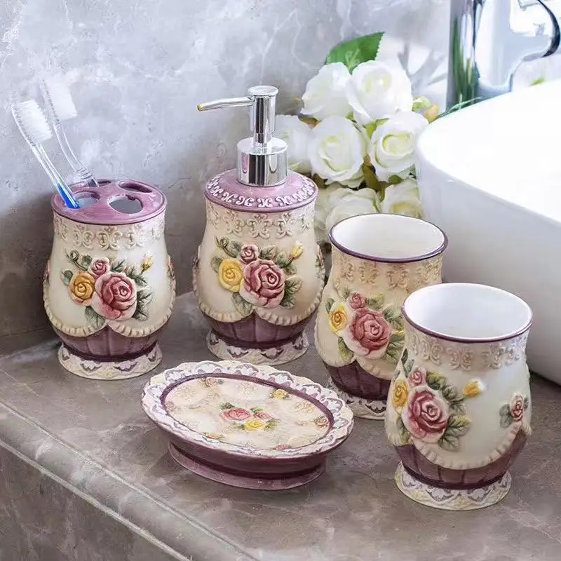 Victoria Embossed Rose Ceramic Bathroom Set of Five Pieces Bathroom Supplies Home Accessories