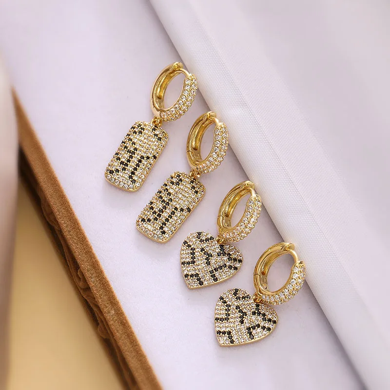 HECHENG,Brass with CZ Stones Square Heart Pendant Leopard Earrings Necklace Collection Women's Fashion Jewellery