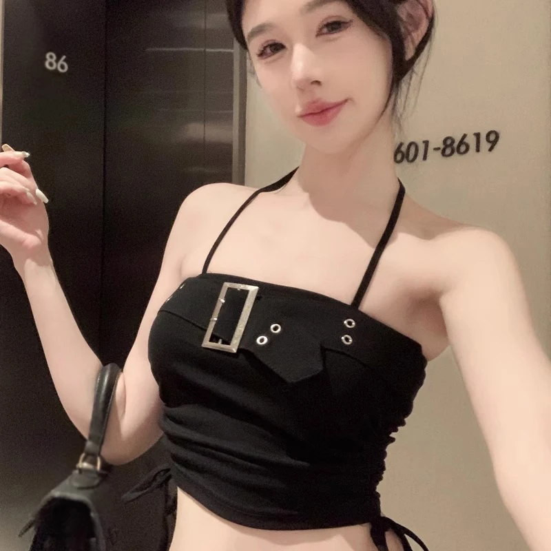 Women\'s Crop Top Short Tube Top Summer Solid Colour Korean Version.