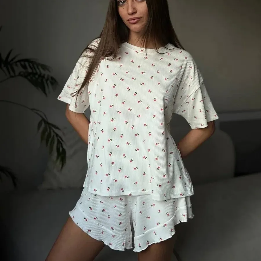 New Lotus Leaf Print Shorts for Outdoor Wear Pajamas Loungewear Set Pajama set Floral Printed Two Pieces Love Heart