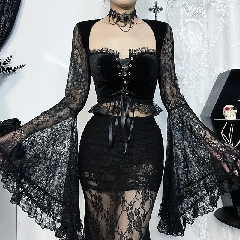 Autumn 2024 new model, Halloween dark gothic temperament lace long sleeve chest strap top women