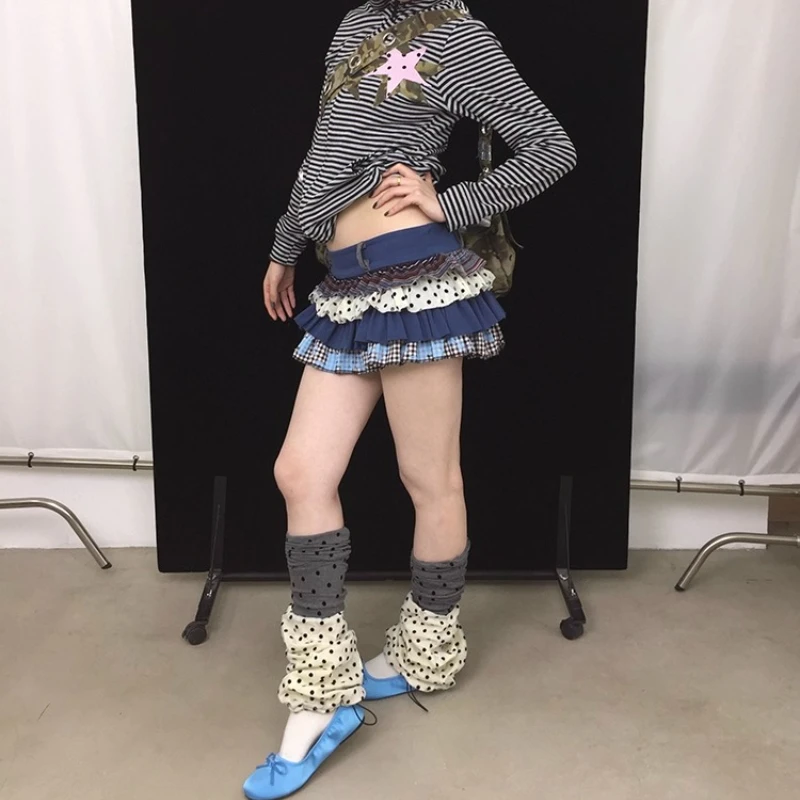 Original Design Polka Dot Splicing Chiffon Yarn Knitted Women's Socks Autumn New Versatile Drawstring Socks Leg Warmers Ladies