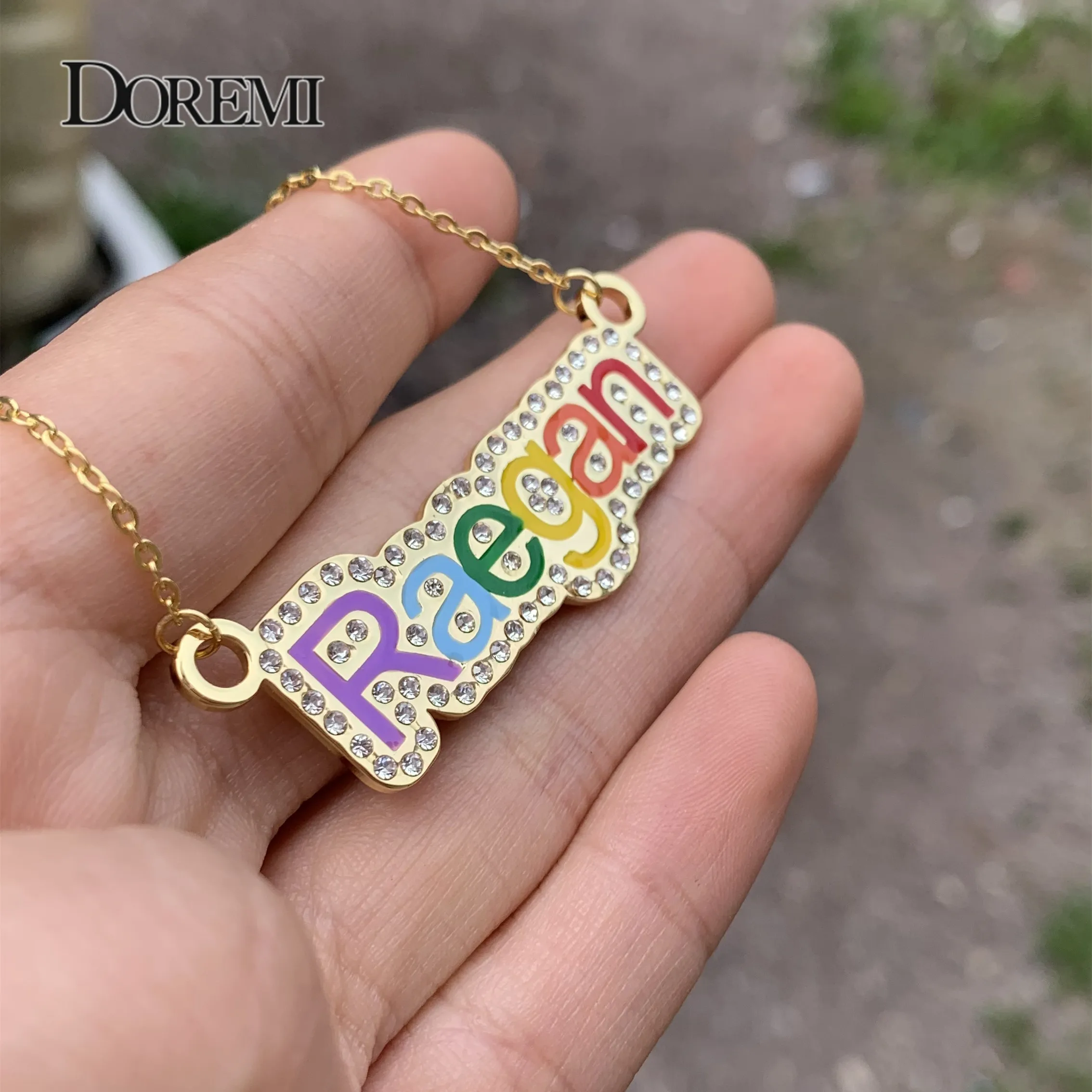 DOREMI Colorful Enamel Name Necklace Stainless Iced Out Chain for Women Personalized Custom Name Chain Rhinestone Pendant  Gift