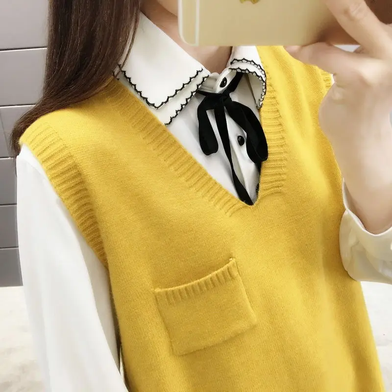 Casual Basic Knitted Sweater Vest Women\'s Clothing Korean V-Neck Autumn Winter Solid Color Stylish Pockets Sleeveless Jumpers