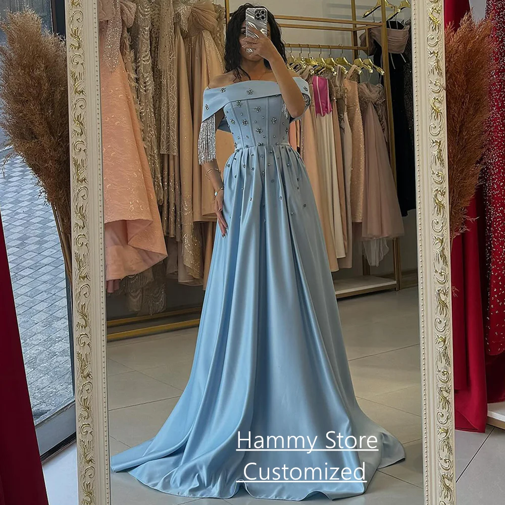 

Вечернее платье по индивидуальному заказу с вырезом лодочкой и открытыми плечами, украшенное бисером и кристаллами, атласное платье трапециевидной формы для выпускного вечера, арабские вечерние платья