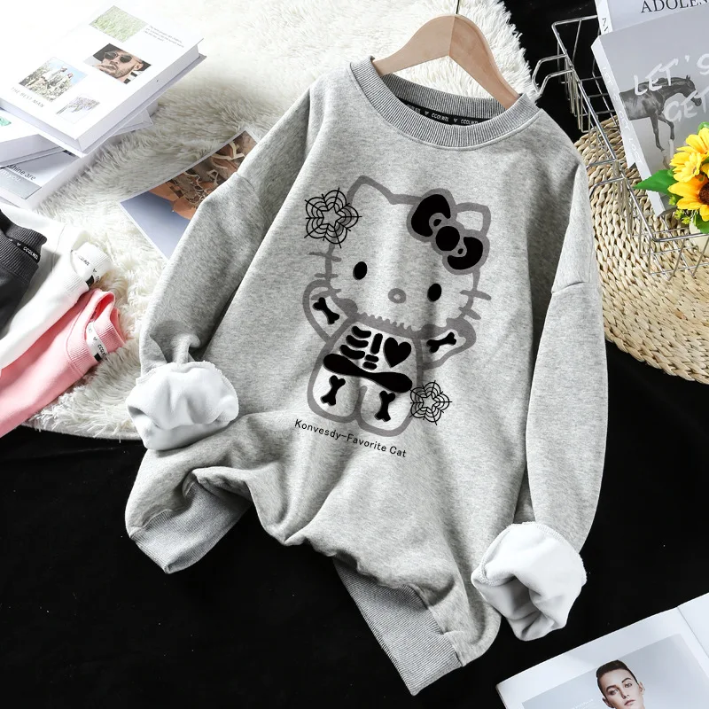 2024 Autumn Winter Hello Kitty Skeleton Printed Sweatshirt Girl Boy Kawaii Casual Thickened Plus Size Pullover Tops Couples Gift