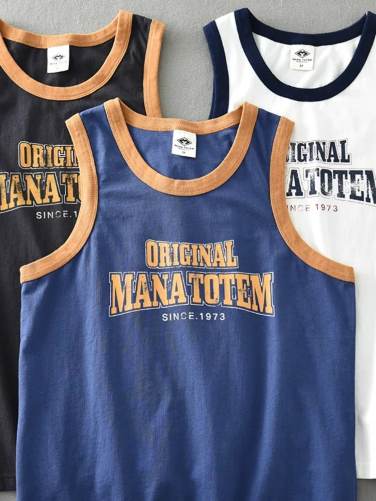 Summer New American Sleeveless O-neck Printed T-shirt Men\'s Fashion 100% Cotton Washed Casual Sports Fitness Basketball Vest