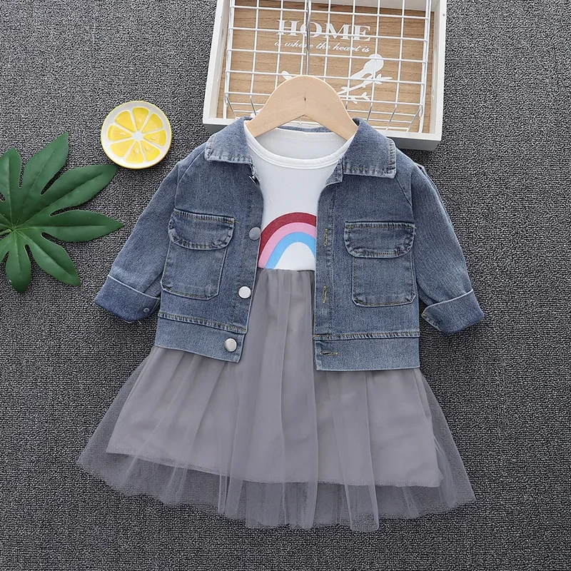 Fashion 0-4yrs Baby dress for girl denim jacket + gauze dress spring autumn fashionable fluffy princess dress