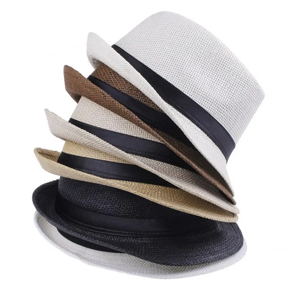 Ribbon Jazz Hat Men Straw Hat Women Summer Trendy Beach Sun Hats Solid Color Fedoras Casual Cowboy Jazz Cap Gangster Cap Male