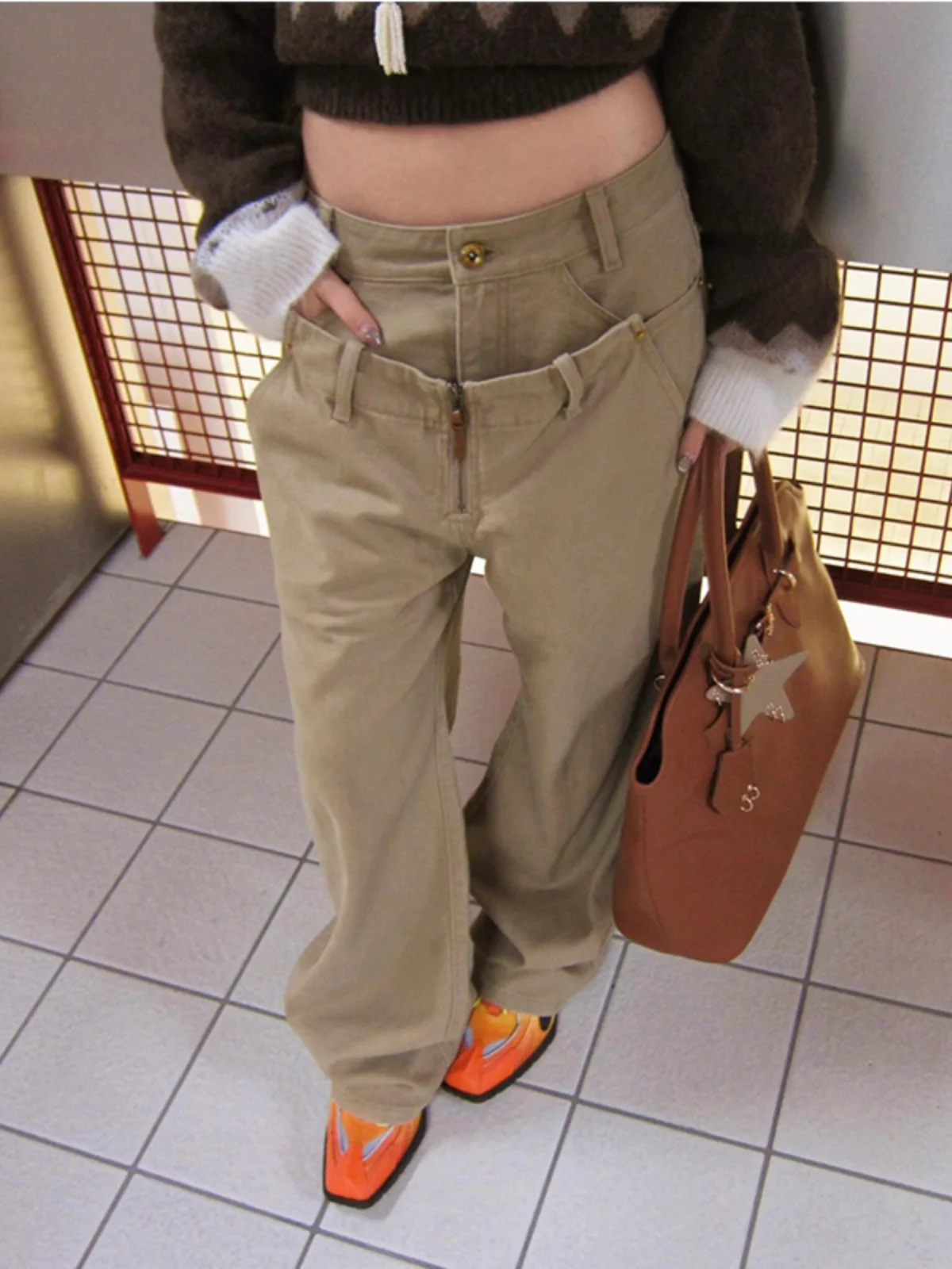 

American Retro Khaki Double Waist Head Jeans Women's 2025 Spring Design Sense Splicing Fake Two-Piece Workwear Straight Leg P...