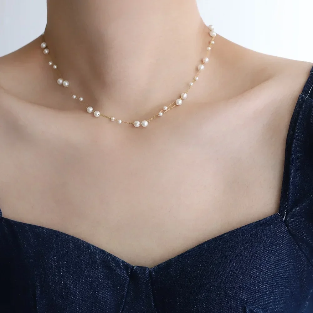 RHYSONG Handmade Statement Imitation Pearl Collar 316L Stainless Steel Wtaerproof Double Chain Necklace For Women Jewelry Gift