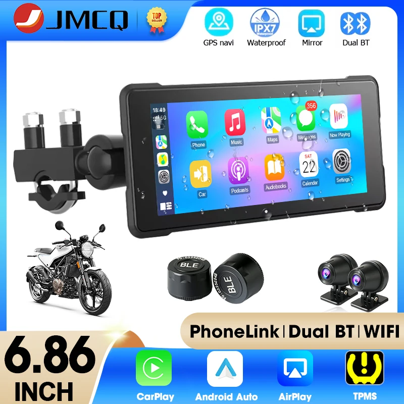 

6.86" Motorcycle GPS Navigation Wireless Carplay Android Auto Dual Bluetooth IPX7 Waterproof Moto Monitor Support DVR+TPMS