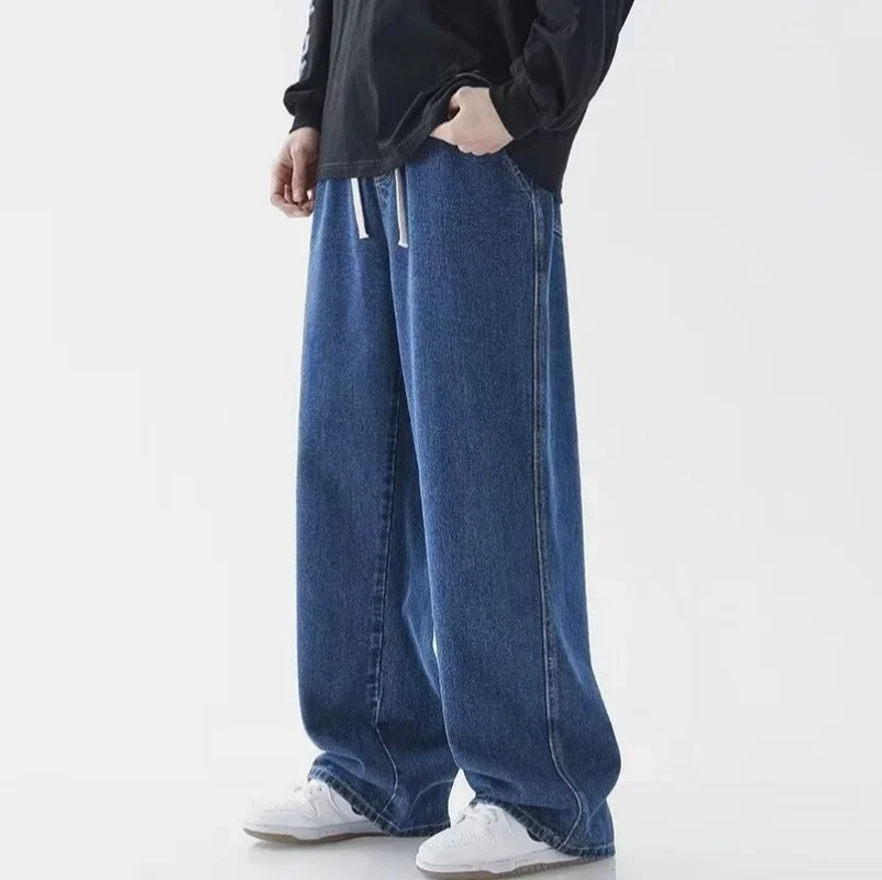 

2025 Spring Autumn New Men's Jeans Vintage Elastic Waist Casual Straight-leg Pants Trendy Wide-leg Trousers Loose Fit