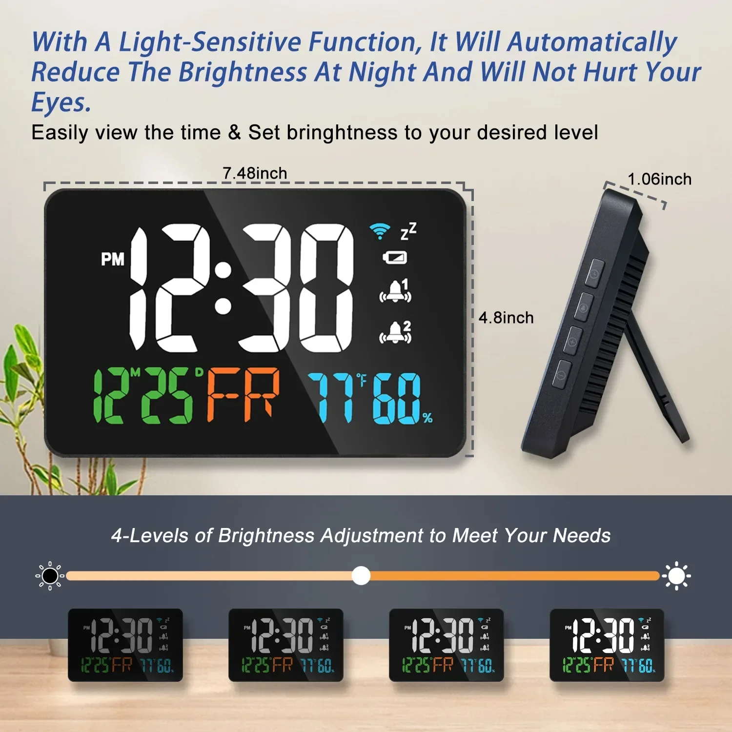 WiFi Smart Desktop Clock with Digital LED Display Calendar, Thermometer, and Hygrometer APP Remote Monitoring for Home Use