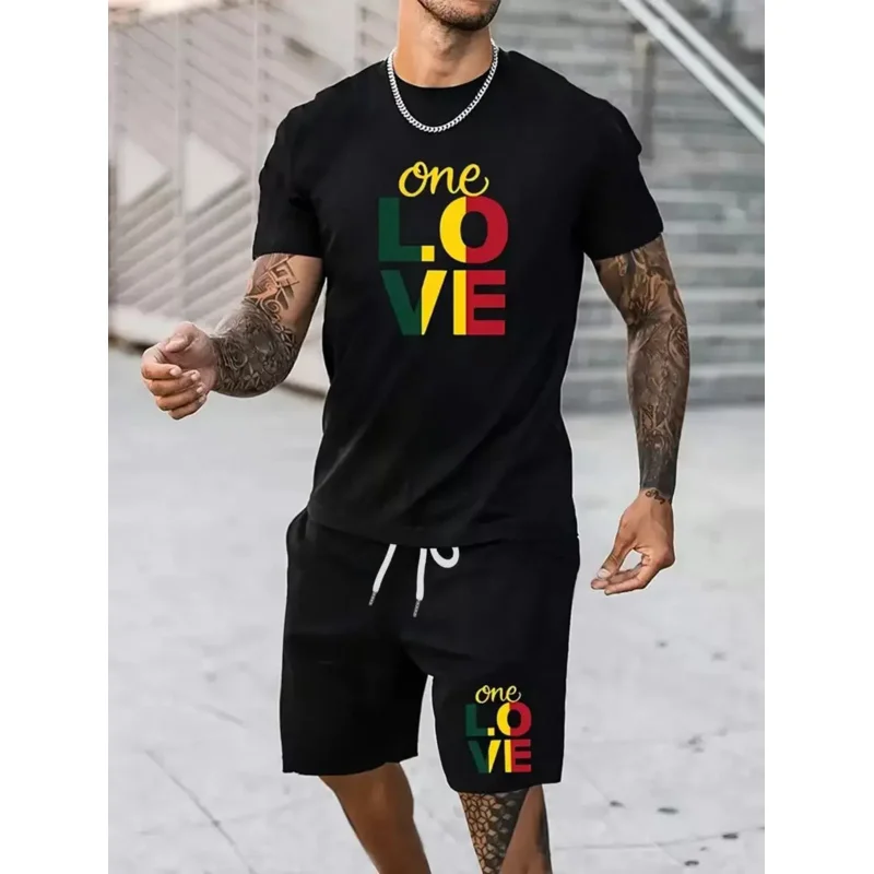 

Print Men's Two Pieces Set Casual Round Neck Short Sleeve T-Shirt And Drawstring Shorts Spring And Summer Sports Suit Men's Prin
