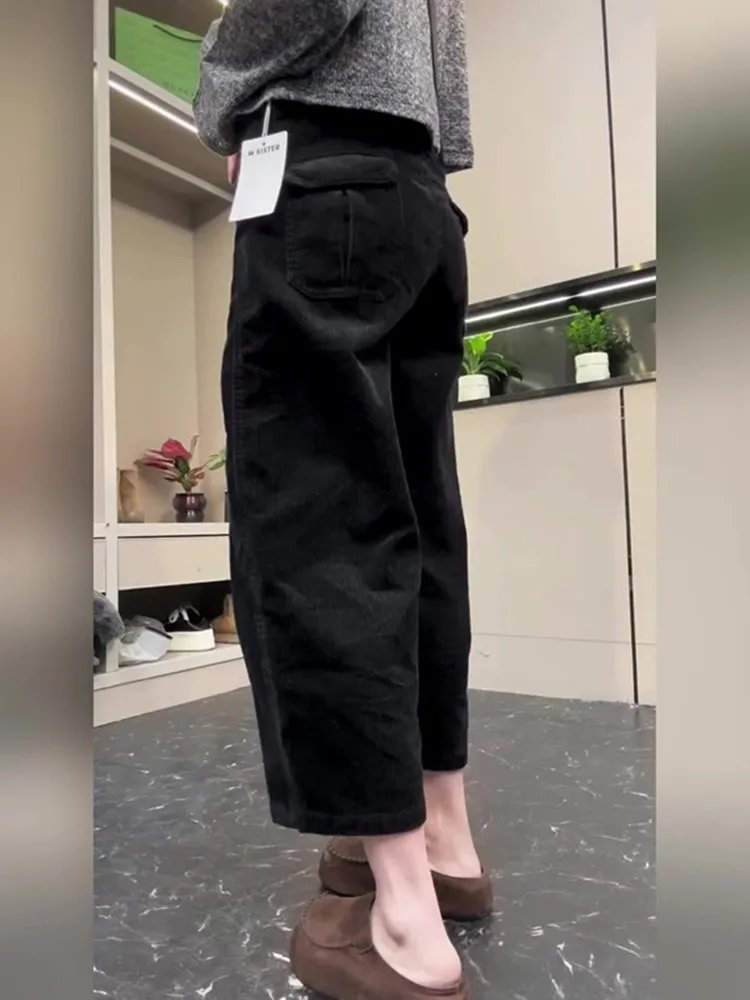 

Black Corduroy Pants Women's Loose Wide Leg Straight Cut Trousers Casual Style Comfortable Fit Fashionable plus Size