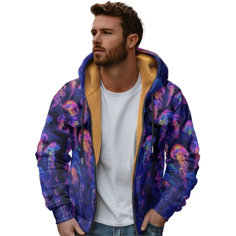 Men's Jellyfish Pattern Fleece Long Sleeve Zipper Hoodies Parkas Vintage Coat Jacket For Men/Women Winter Outerwear