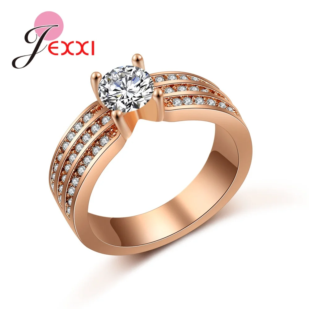 Sparking 4 Claws Setting Round CZ Crystal 3 Lines Micro Cubic Zirconia Rose Gold Rings For Charming Woman Girls Wedding