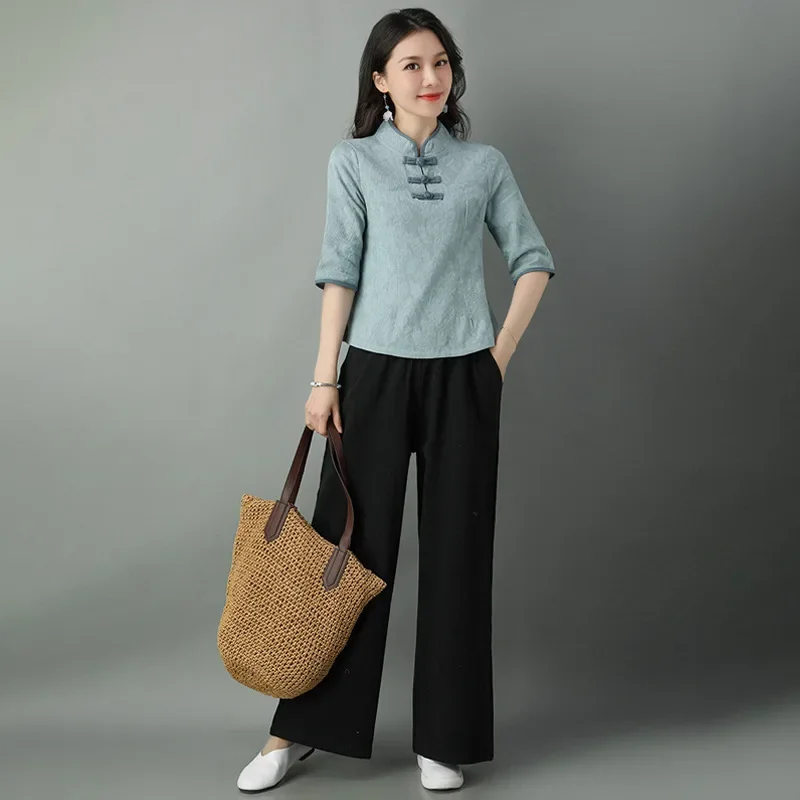 

Cotton Linen Casual Embroidery Summer Solid Elegant Chinese Style Two Piece Set Women's Sets Fashion Ensemble Femme Best Seller
