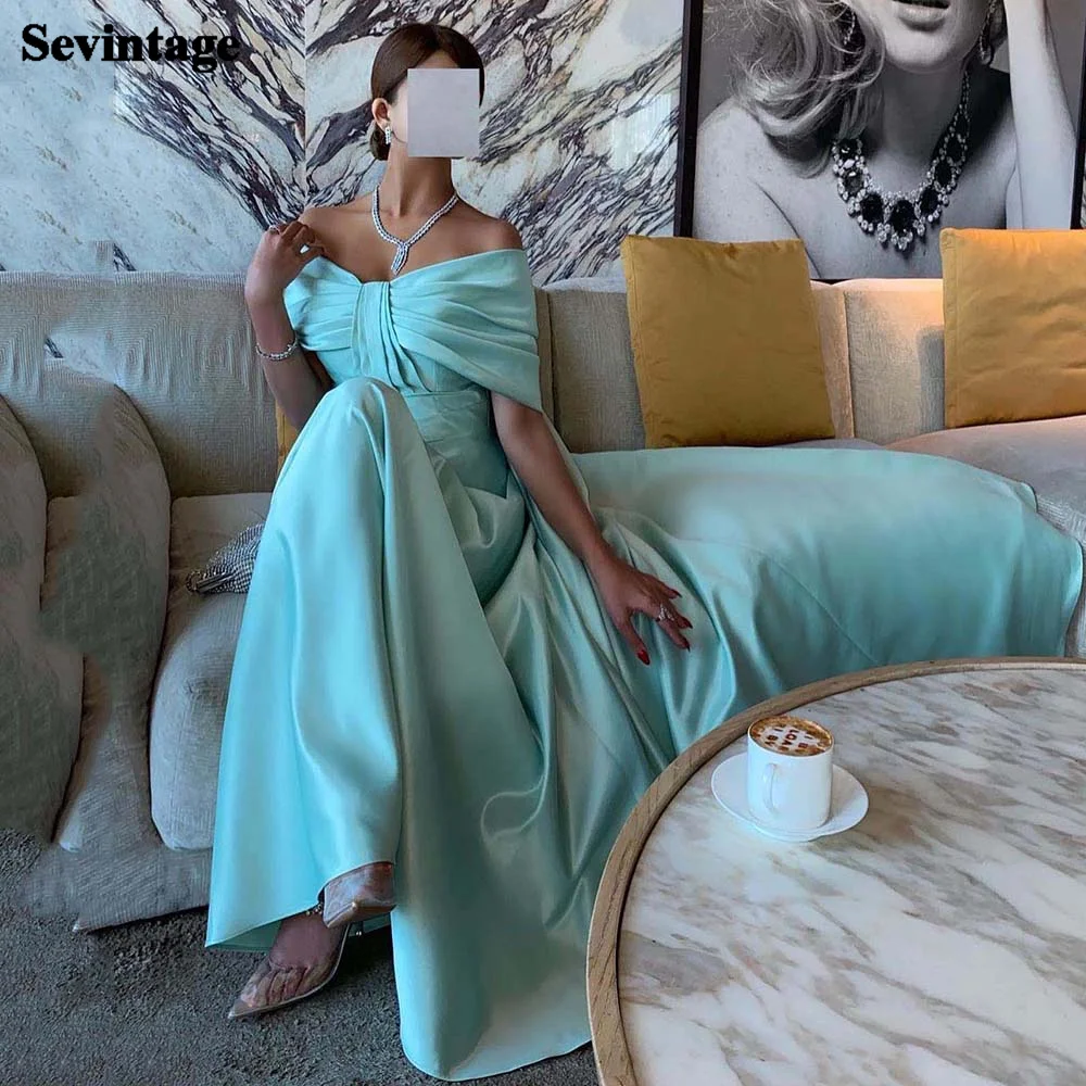 

Sevintage A Line Satin Saudi Arabia Long Prom Dresses Formal Evening Dress Women Off Shoulder Pleats Bridesmaid Wedding Gowns