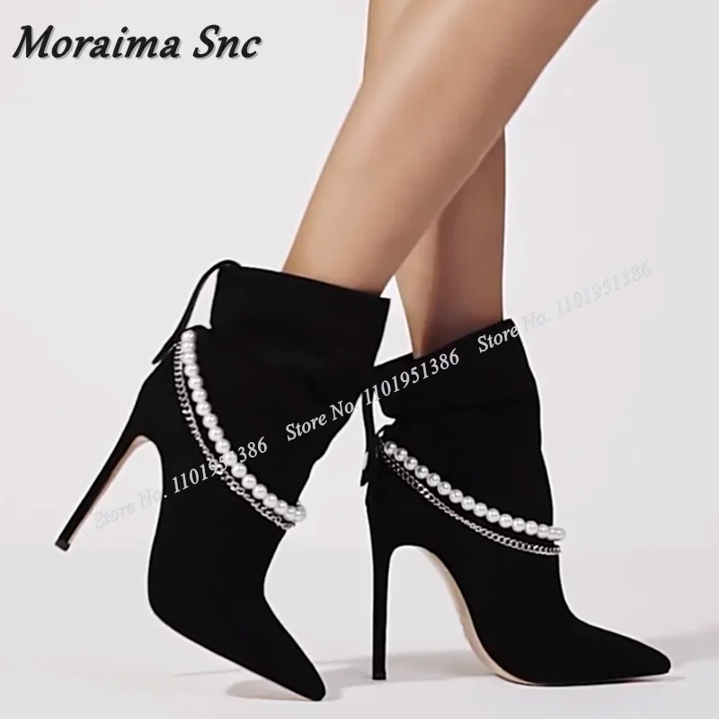 Moraima Snc Slip on Stivaletti con decorazioni di perle Khaki Decorazione a catena Scarpe a punta pieghettate per donna Tacchi alti Zapatillas Mujer