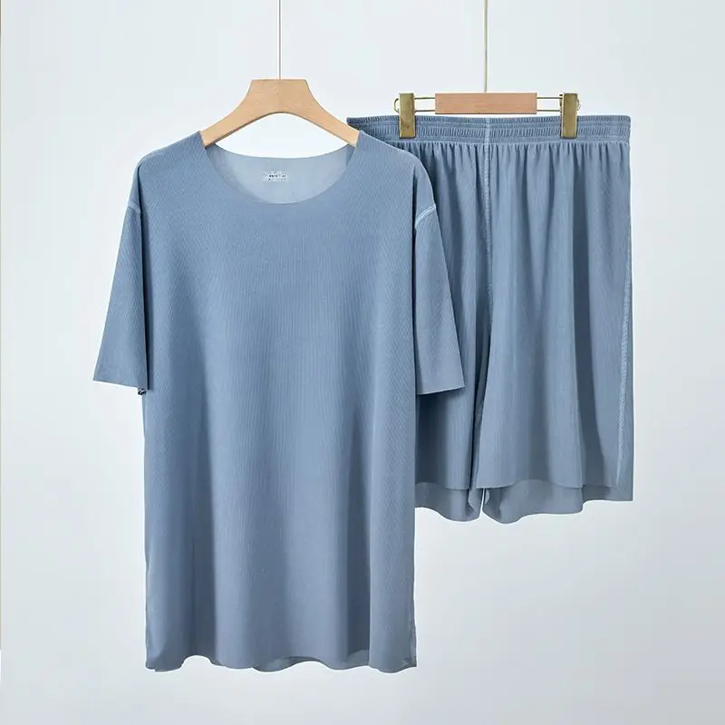 GELITAYIN Summer Men's Homewear Ice Silk Thin Modal Short Sleeve Shorts Two-Piece Set Round Neck Solid Soft Comfortable Casual S