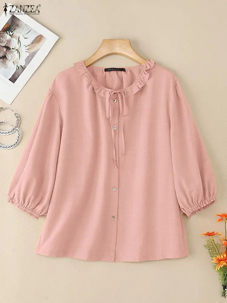

ZANZEA Женские рубашки с пышными рукавами 3/4, однотонные повседневные топы с рюшами на пуговицах и воротником-стойкой, осень 2024, повседневная одежда, S-3XL