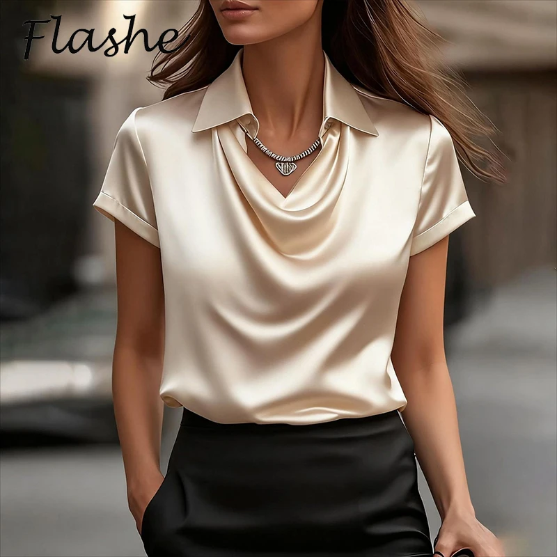 Todos os jogos camisa de cetim feminina e blusas moda feminina camisa de manga curta feminina elegante camisa de seda senhora do escritório topos