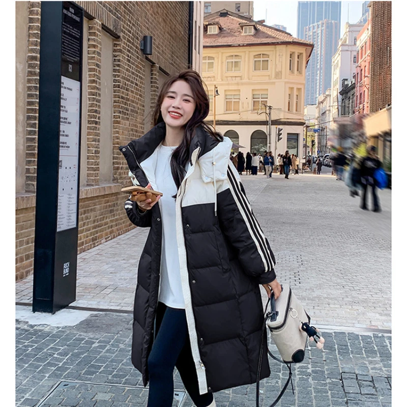 Splicing Women Jacket Warm Coats Down Long Striped Collision Parka Korean Fashion Casual Down Jacket Thick Loose Puffer Coats