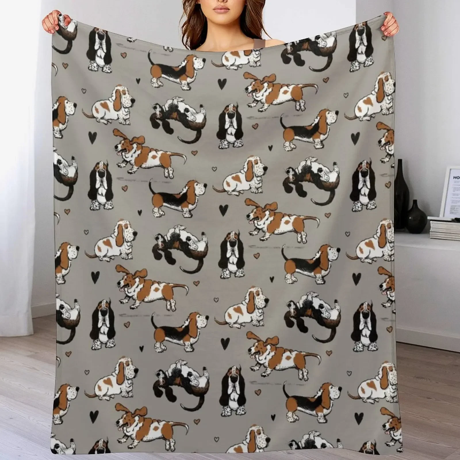 

Basset Buddies on Warm Gray Throw Blanket Thermal Hair Decorative Beds Blankets