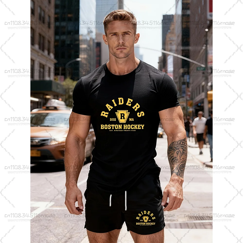 

Новинка 2026: Популярный комплект для хоккея с шайбой в стиле ретро — футболка с коротким рукавом и шорты с принтом, спортивный повседневный комплект с круглым вырезом