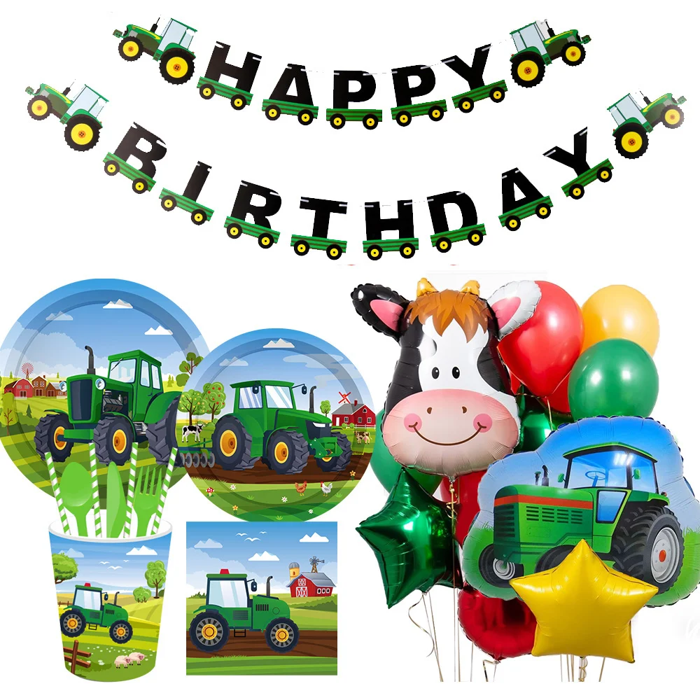 1Set Farm Tractor Vehicle Paper Straws Cake Toppers for Boy\'s Farm Tractor Themed Happy Birthday Party Decoration Supplies