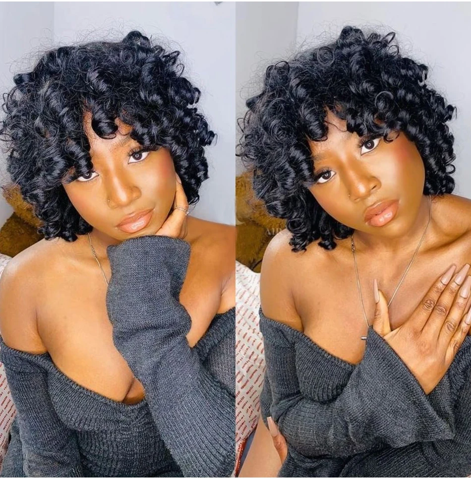 Highlight Lockige Pixie-Cut-Perücken aus Echthaar, Kleberlose Perücken mit Pony, Vollständig maschinell gefertigte Perücken mit Pony, Echthaarperücken Hairugo – Detail 3