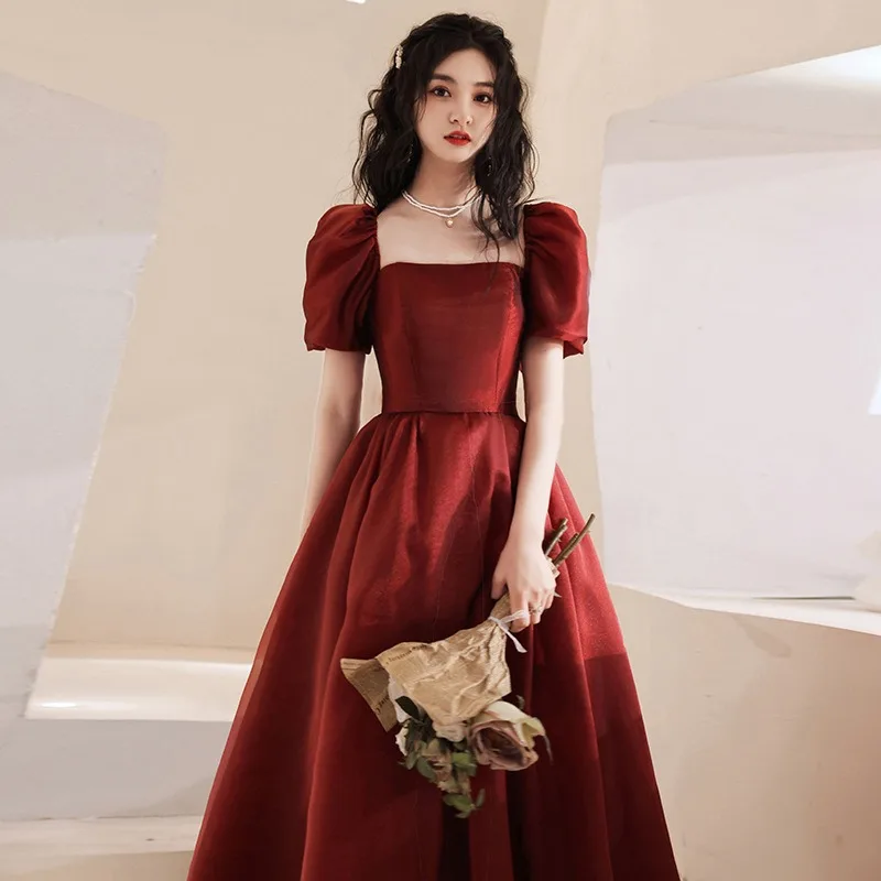 

Wine Red Evening Dresses Fashion Sexy Satin Square Collar Princess Fluffy Skirt Strap Back Formal Dress Women Party Dresses