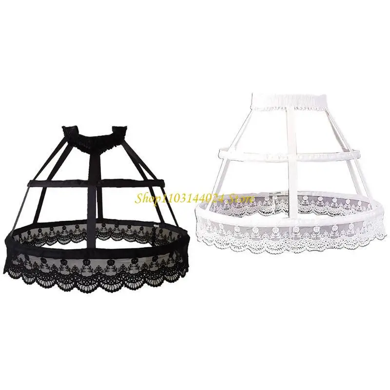 Women Victorian Petticoat 2 Hoops Crinoline Lolita Hollow Bird Cage Skirt Embroidery Floral Lace Underskirt